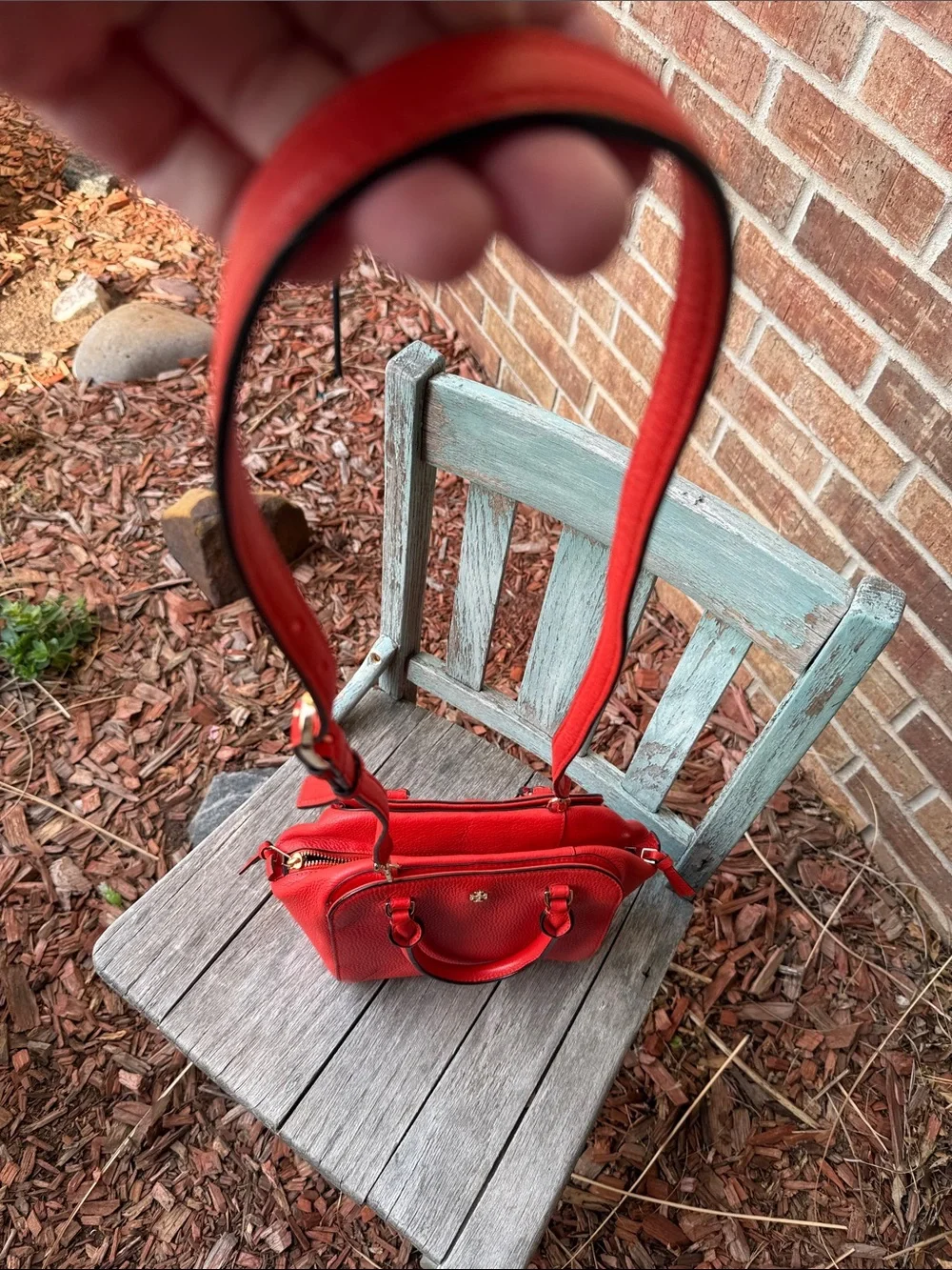 Tory Burch Coral-Red Pebbled Leather Mini Satchel with Detachable Strap